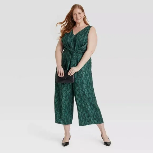 Women's Straight Leg Maxi Jumpsuit - Ava & Viv Green 2X - Picture 3 of 3